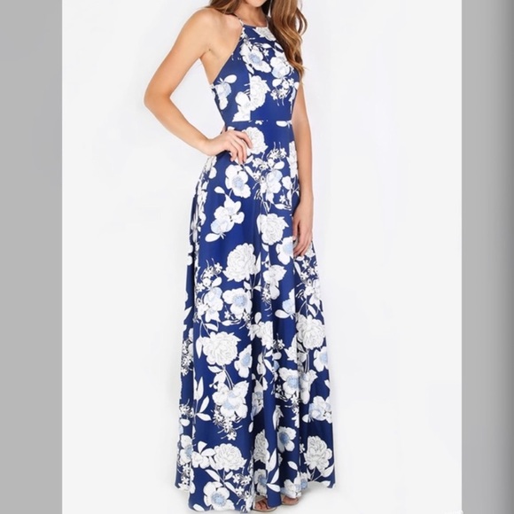 Blue Halter neck floral print maxi dress - Picture 2 of 6